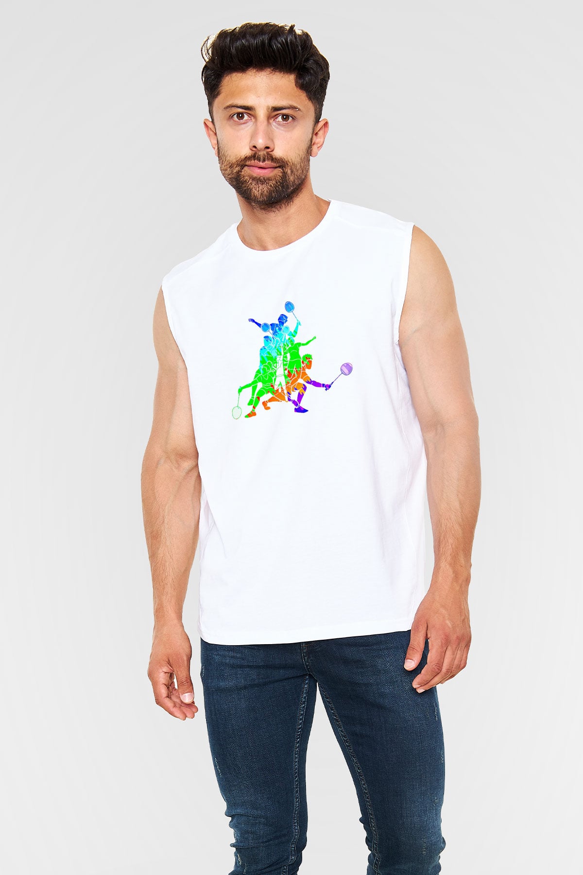 Badminton Baskılı Unisex Kolsuz Beyaz Tişört