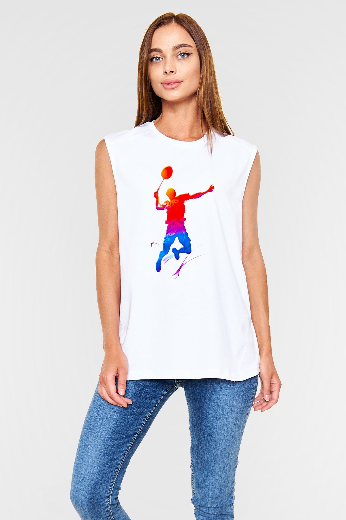 Badminton Baskılı Unisex Kolsuz Beyaz Tişört
