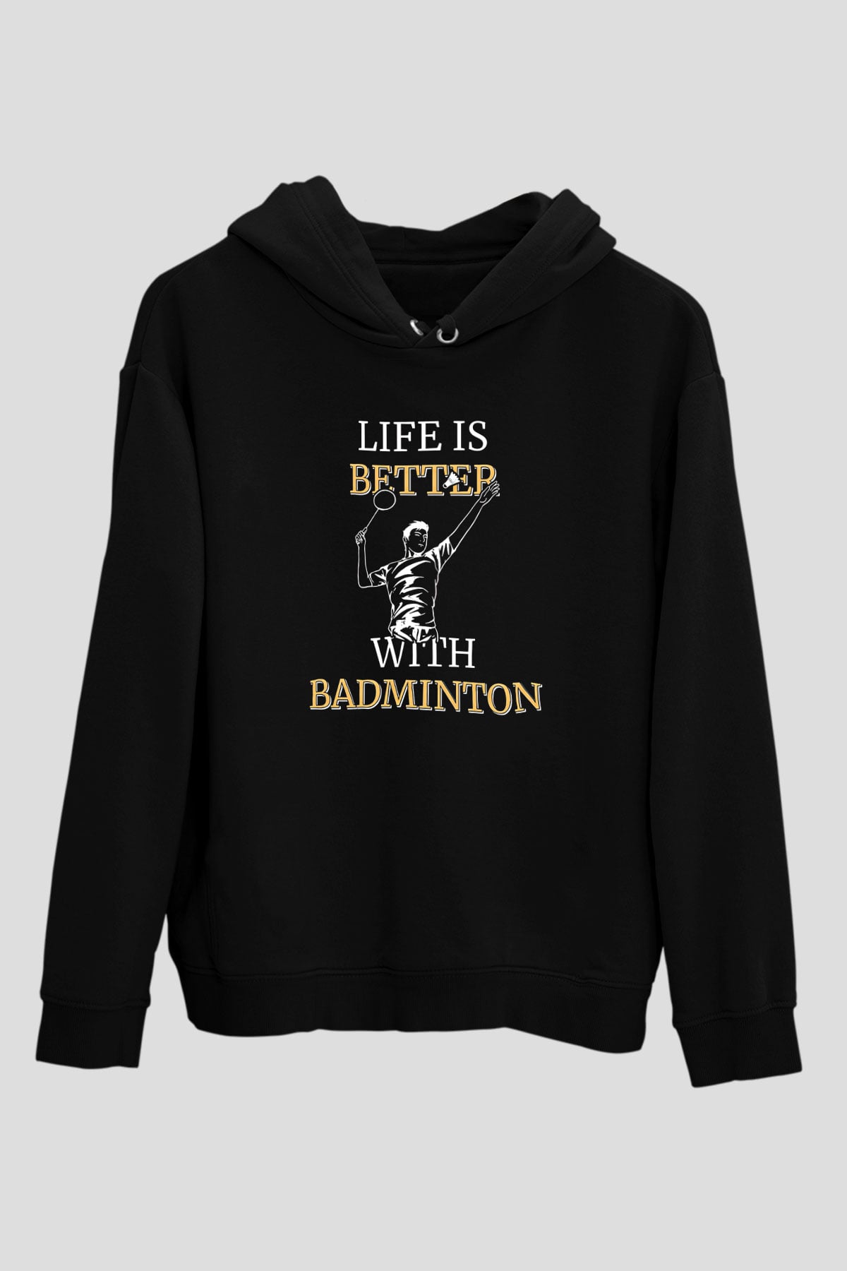 Badminton Baskılı Unisex Siyah Hoodie