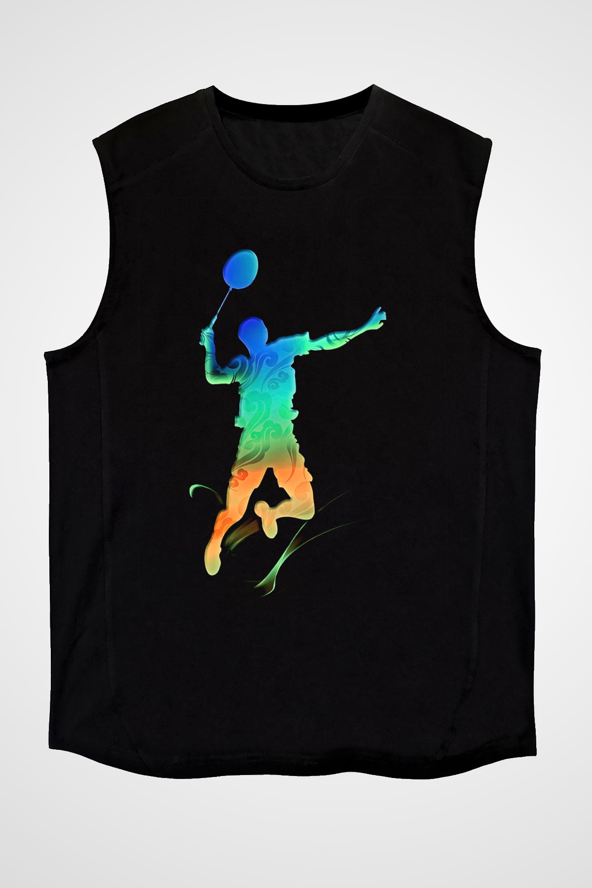 Badminton Baskılı Unisex Siyah Kolsuz Tişört