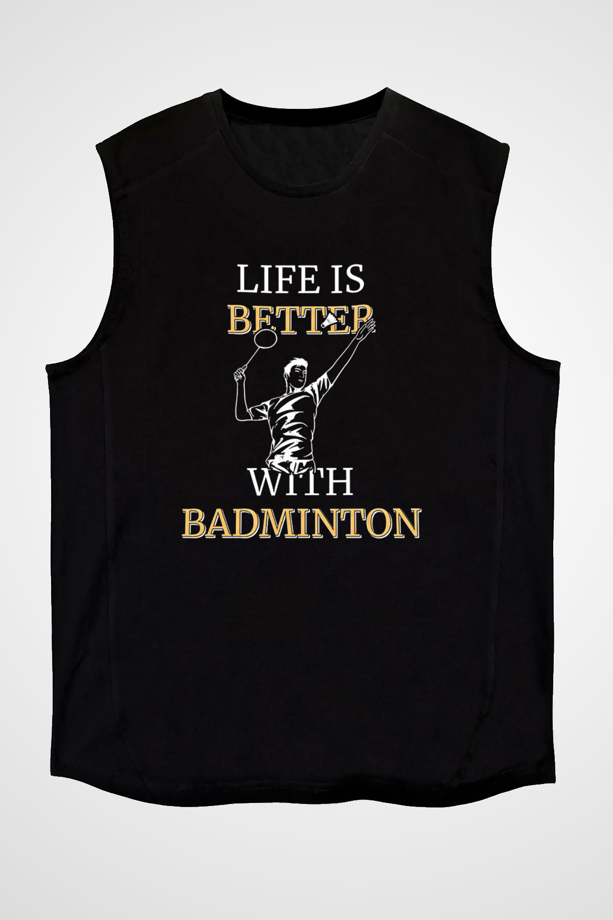 Badminton Baskılı Unisex Siyah Kolsuz Tişört