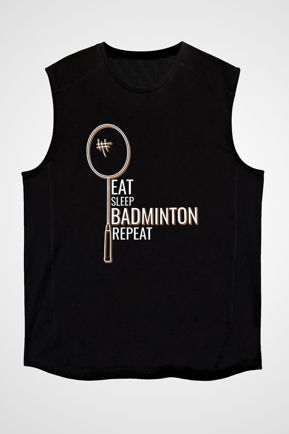 Badminton Baskılı Unisex Siyah Kolsuz Tişört