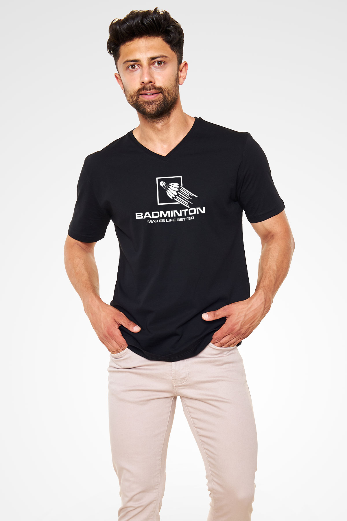 Badminton Baskılı Unisex Siyah V Yaka Tişört
