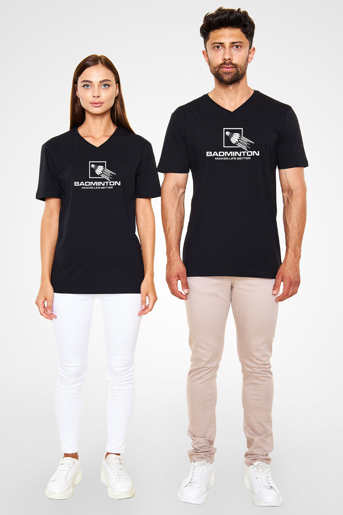 Badminton Baskılı Unisex Siyah V Yaka Tişört
