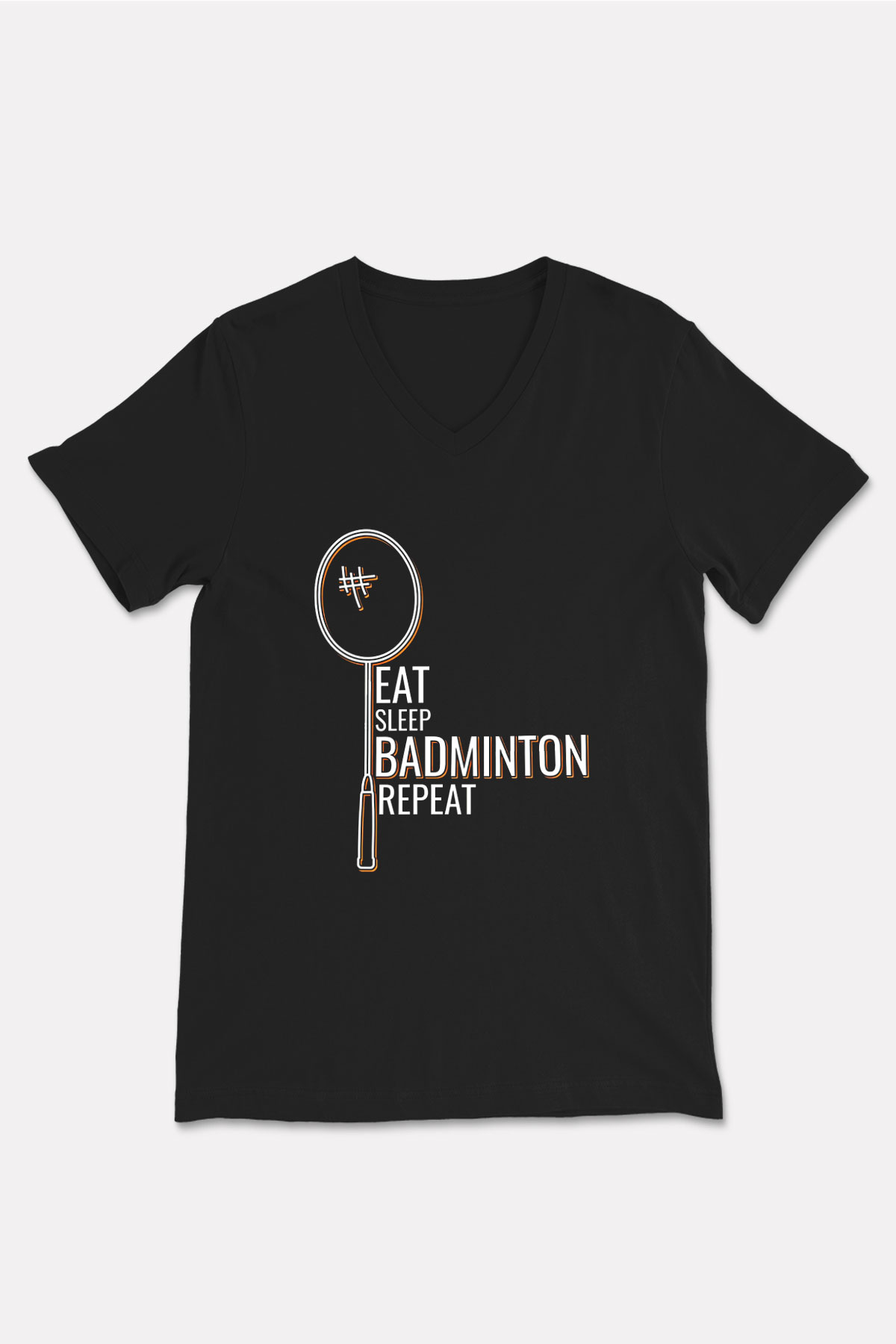 Badminton Baskılı Unisex Siyah V Yaka Tişört