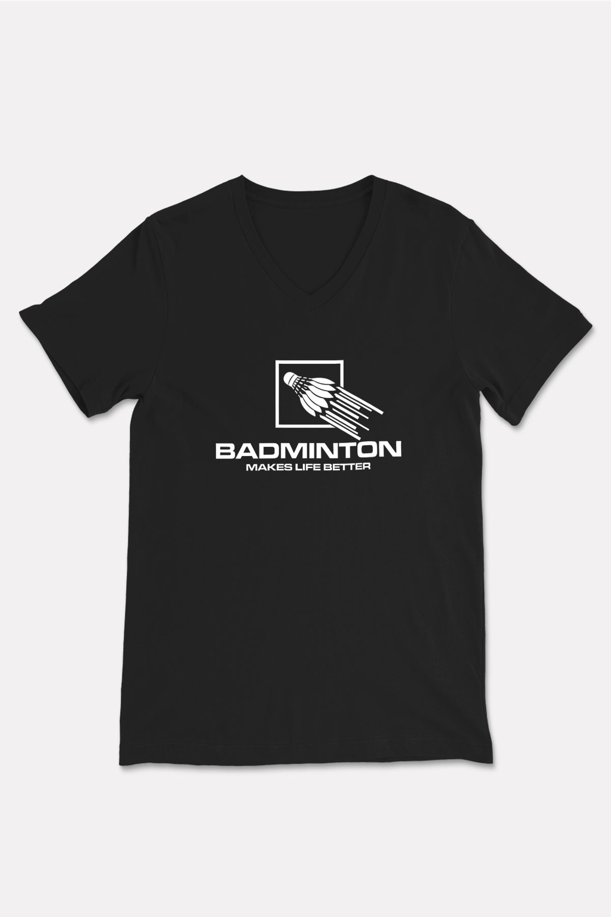 Badminton Baskılı Unisex Siyah V Yaka Tişört