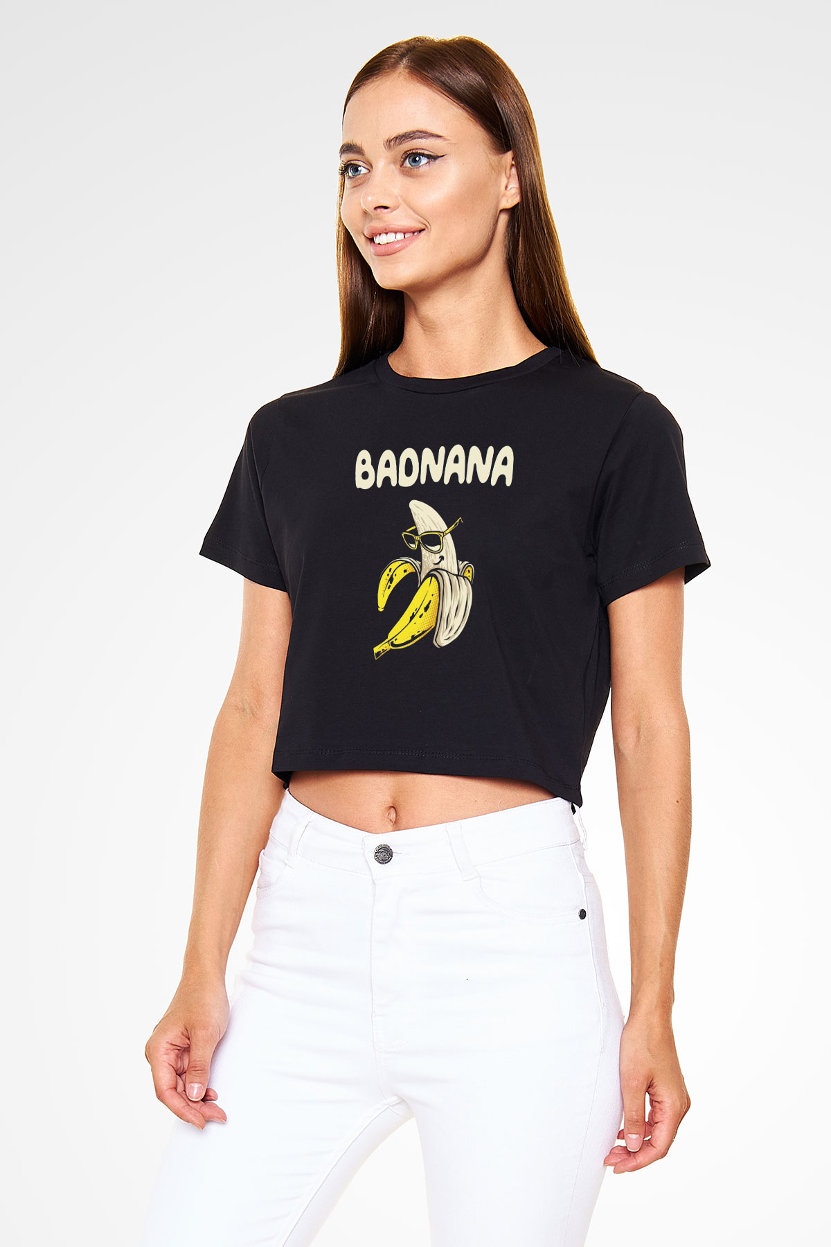 Badnana Muz Baskılı  Siyah  Crop Top Tişört