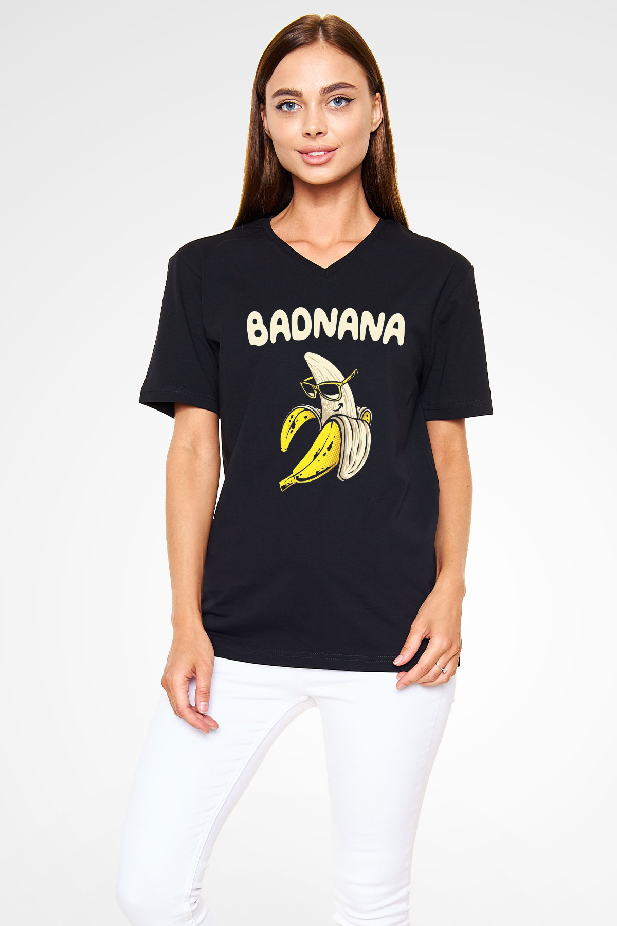 Badnana Muz Baskılı Unisex Siyah  V Yaka Tişört