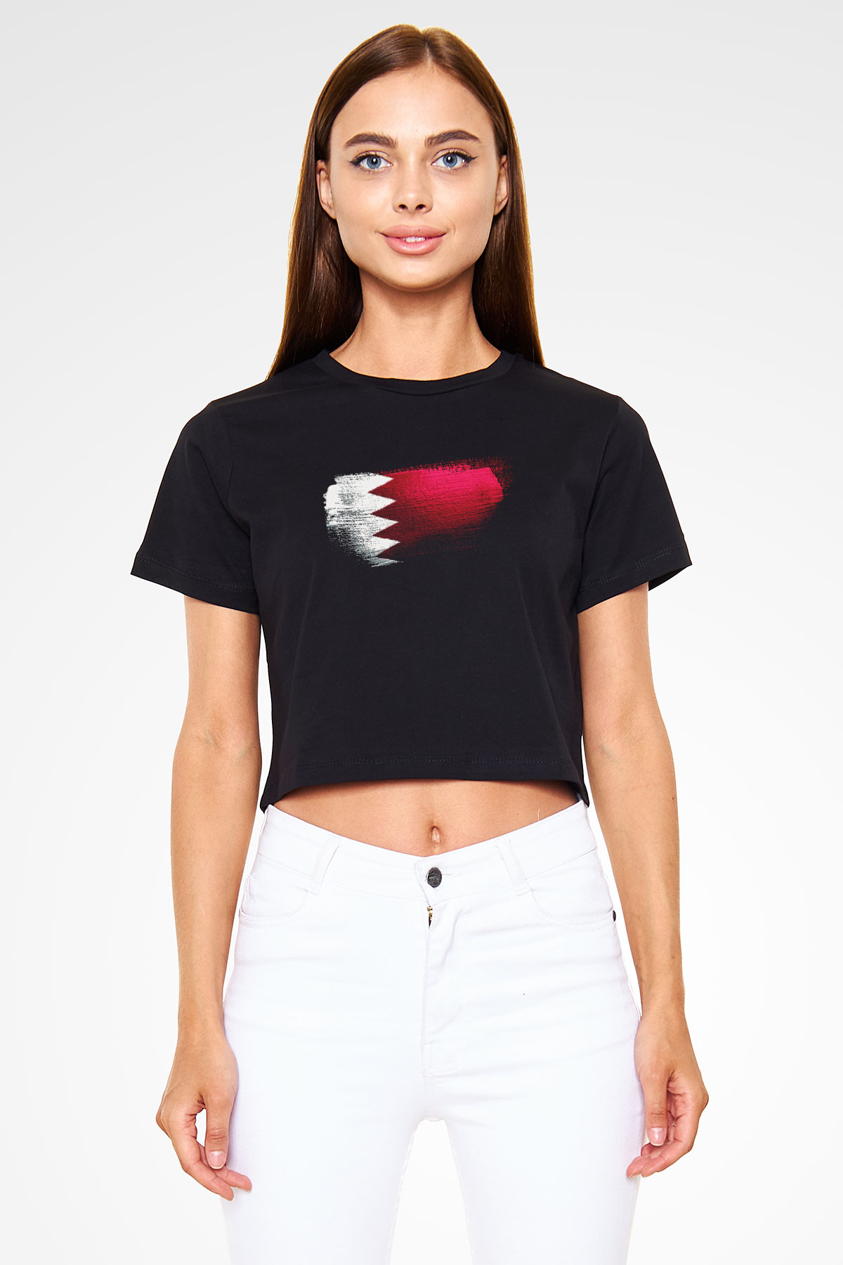 Bahreyn - Bahrain Bayrağı Baskılı Kadın Crop Top Siyah Tişört
