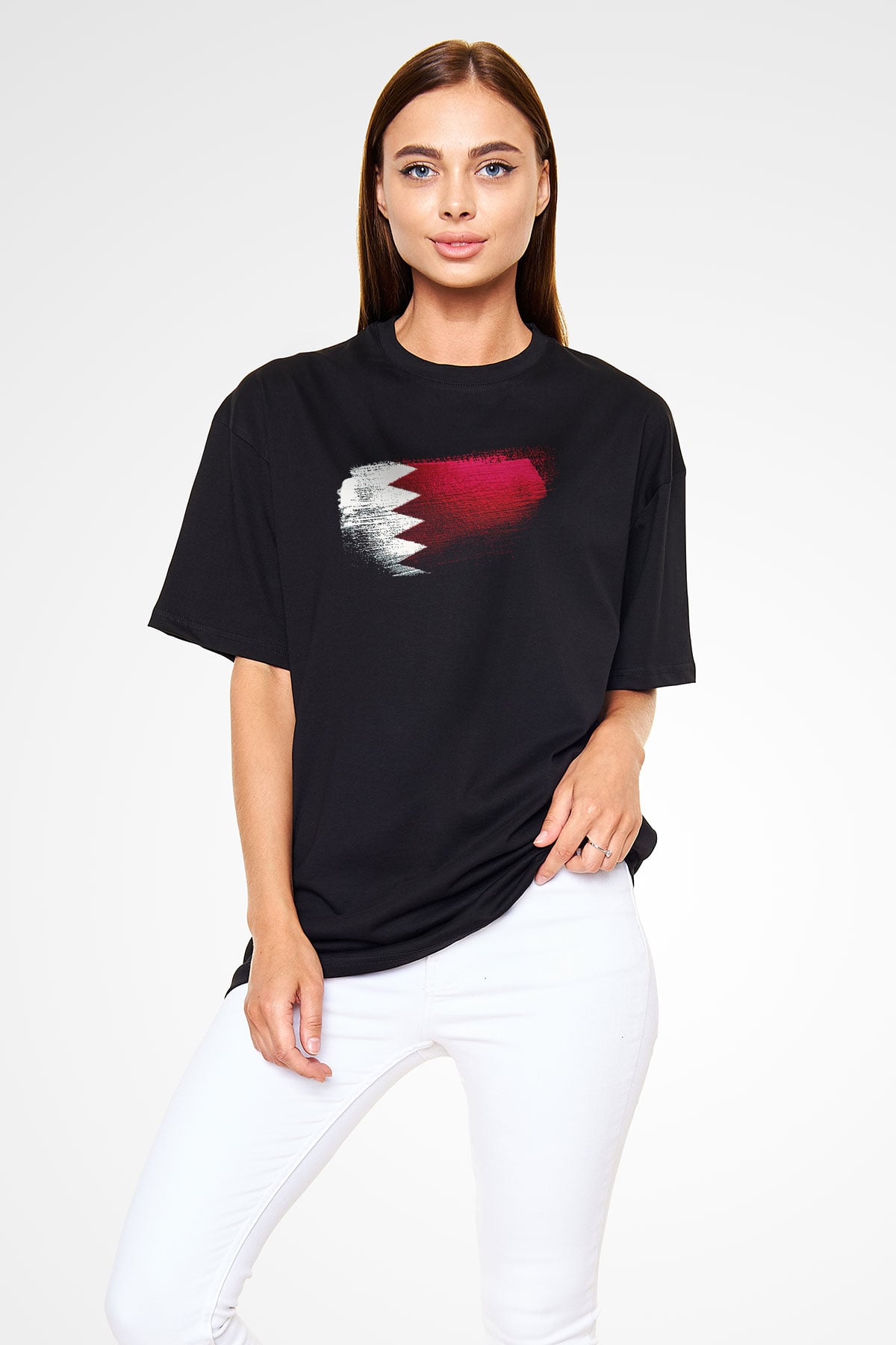 Bahreyn - Bahrain Bayrağı Baskılı Unisex Siyah Oversize Tişört