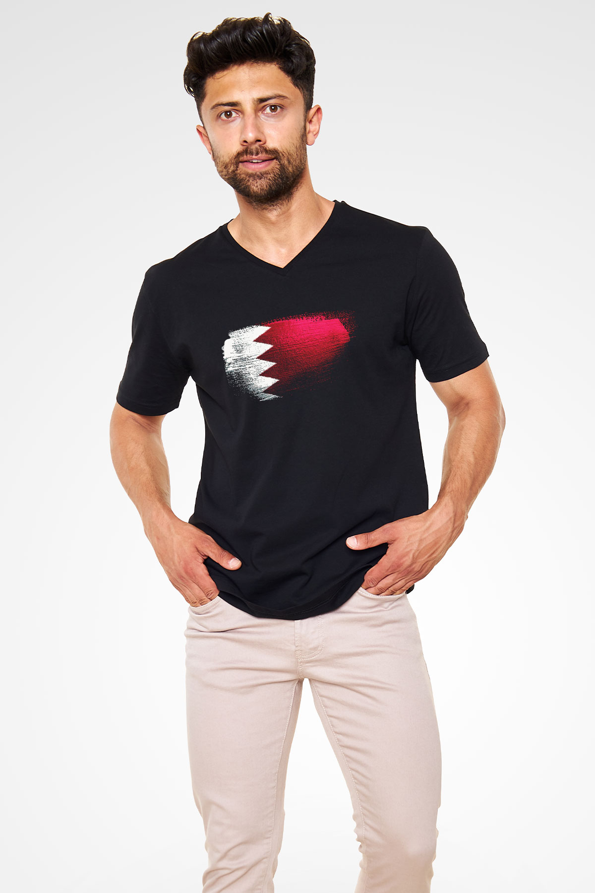 Bahreyn - Bahrain Bayrağı Baskılı Unisex Siyah V Yaka Tişört
