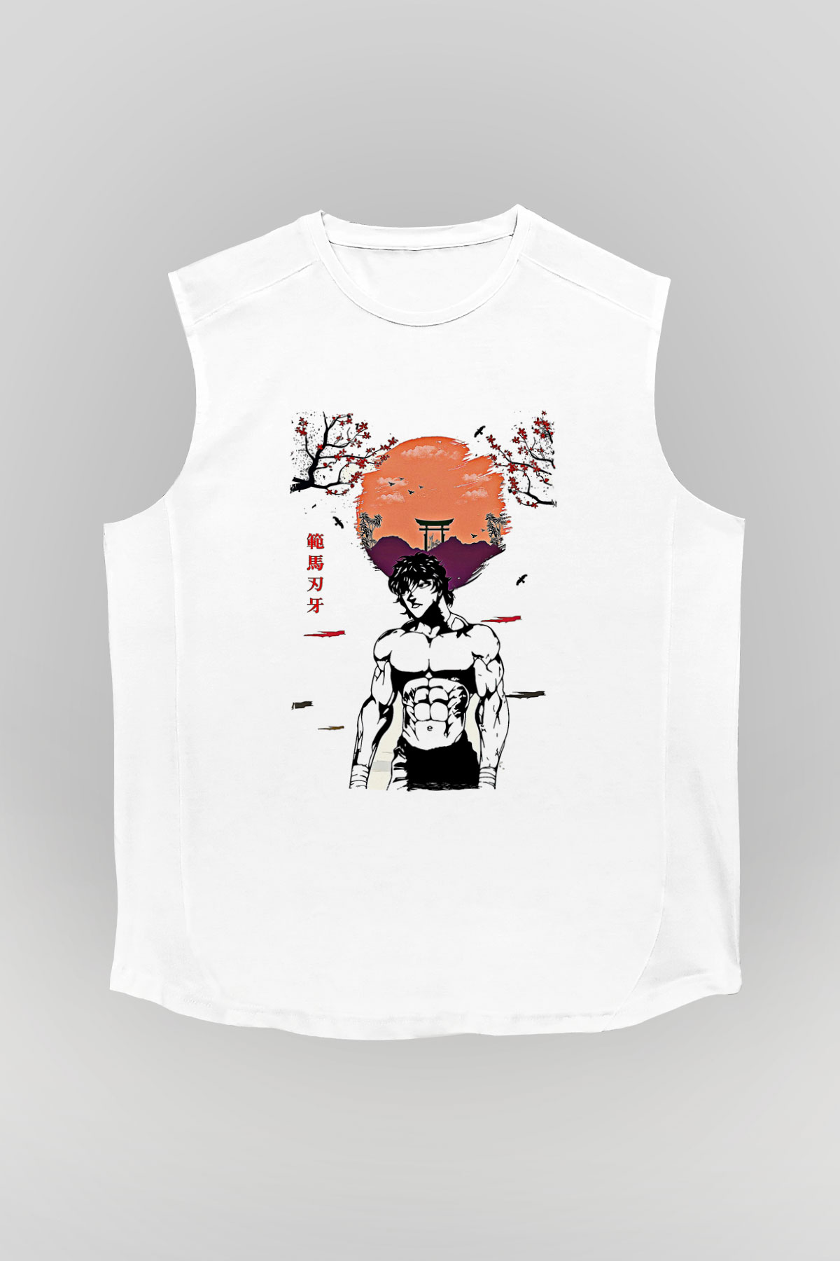 Baki The Grappler Baskılı Beyaz Unisex Kolsuz Tişört - Tshirt
