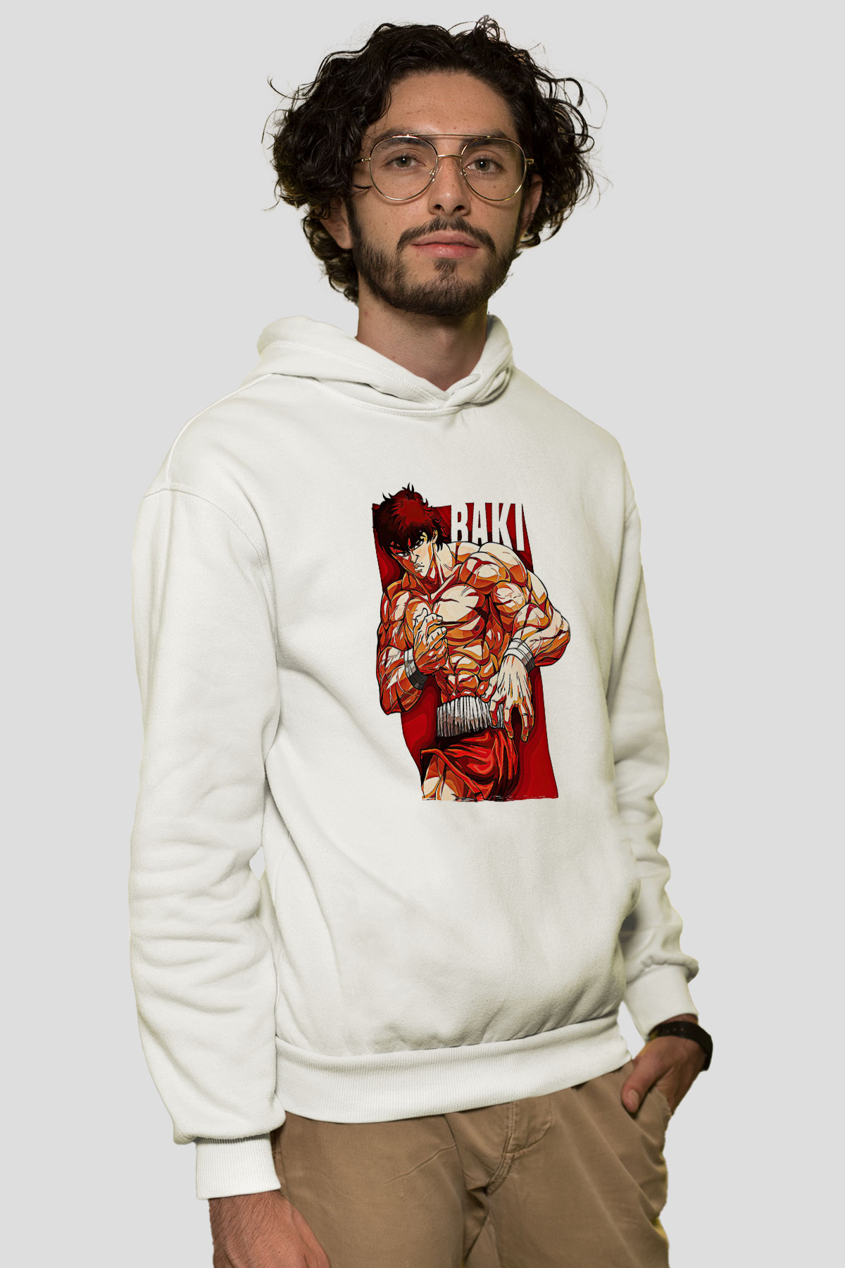 Baki The Grappler Baskılı Beyaz Unisex Hoodie