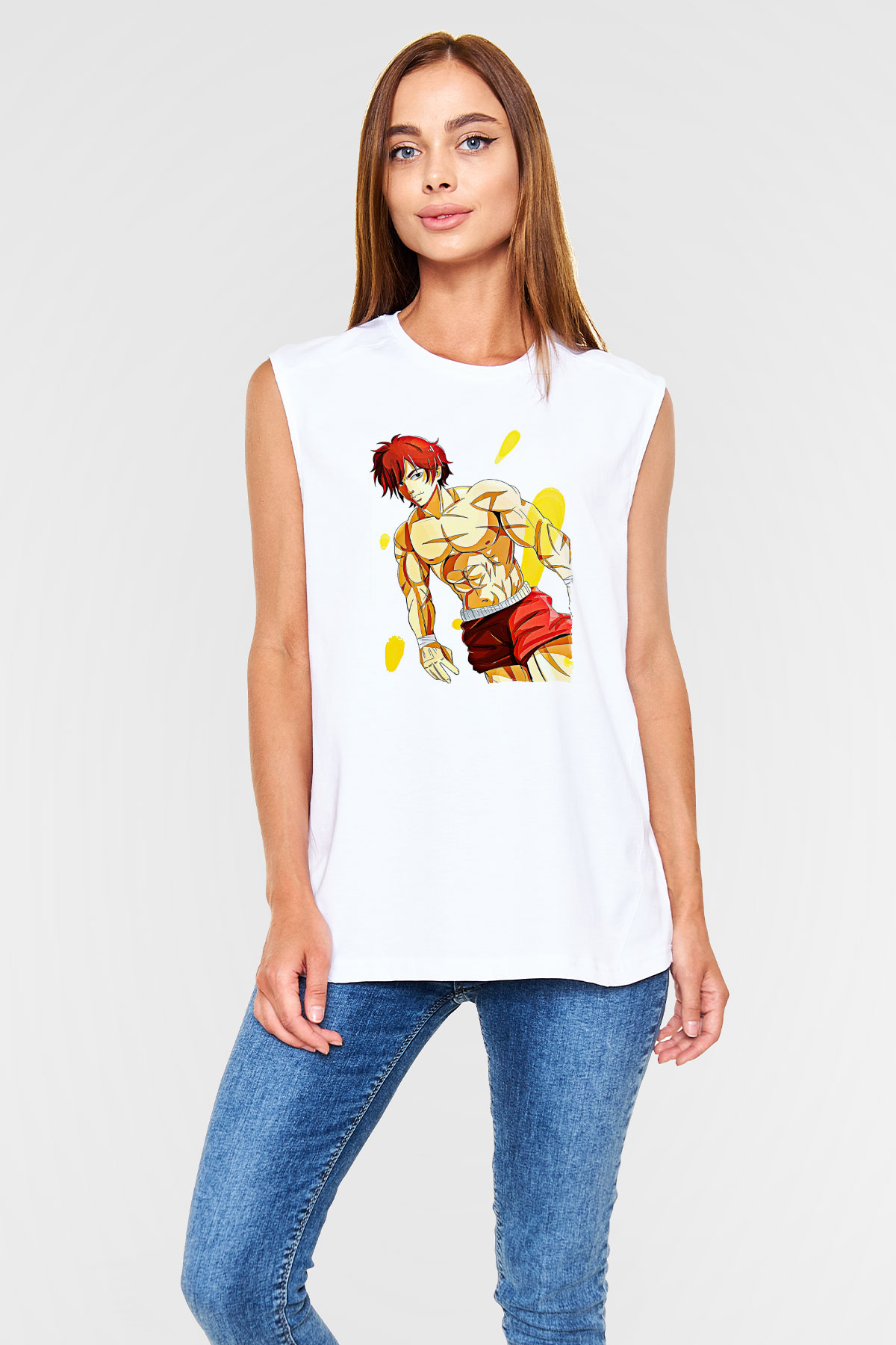 Baki The Grappler Baskılı Beyaz Unisex Kolsuz Tişört - Tshirt