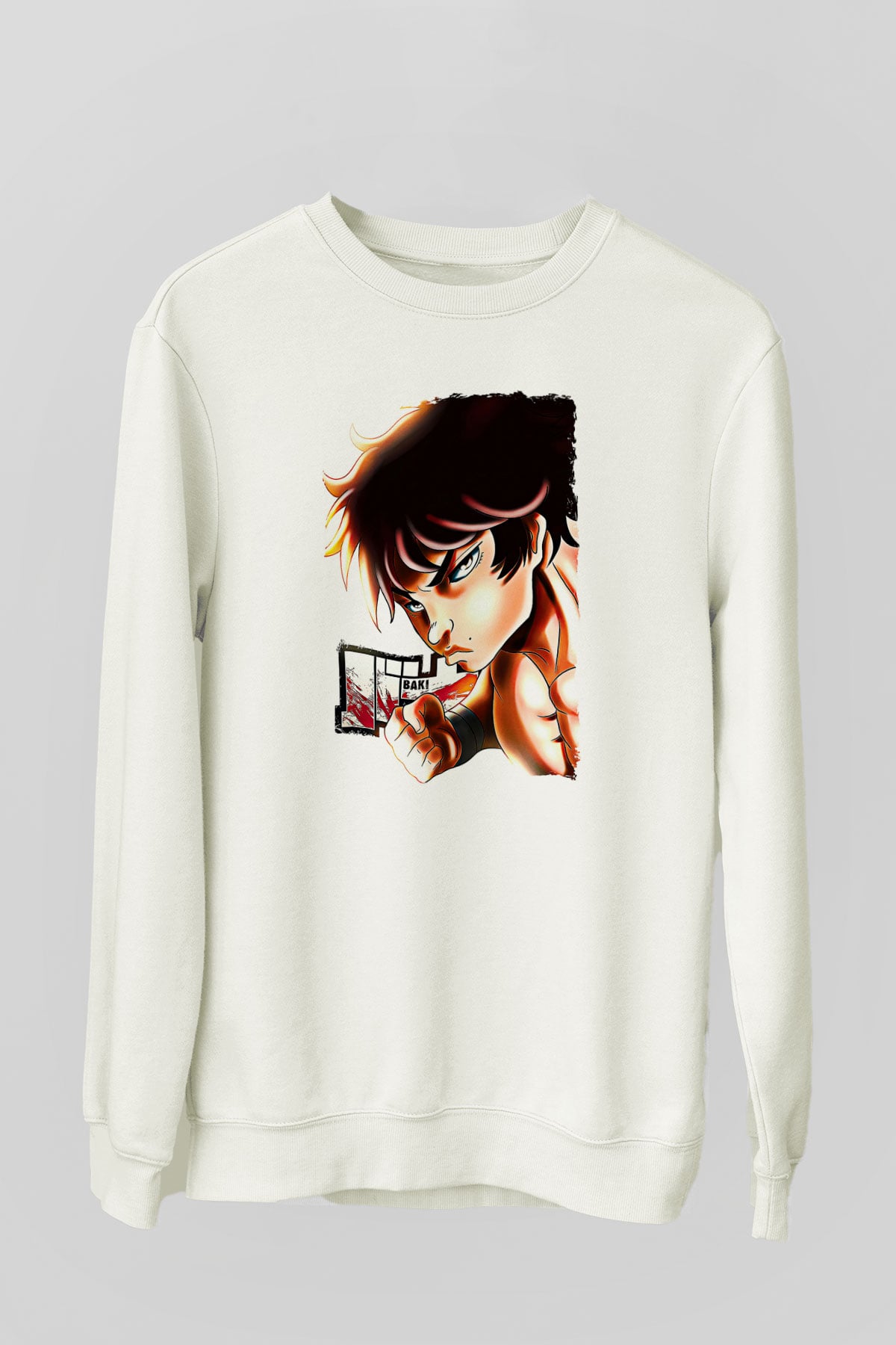 Baki The Grappler Baskılı Beyaz Unisex Sweatshirt