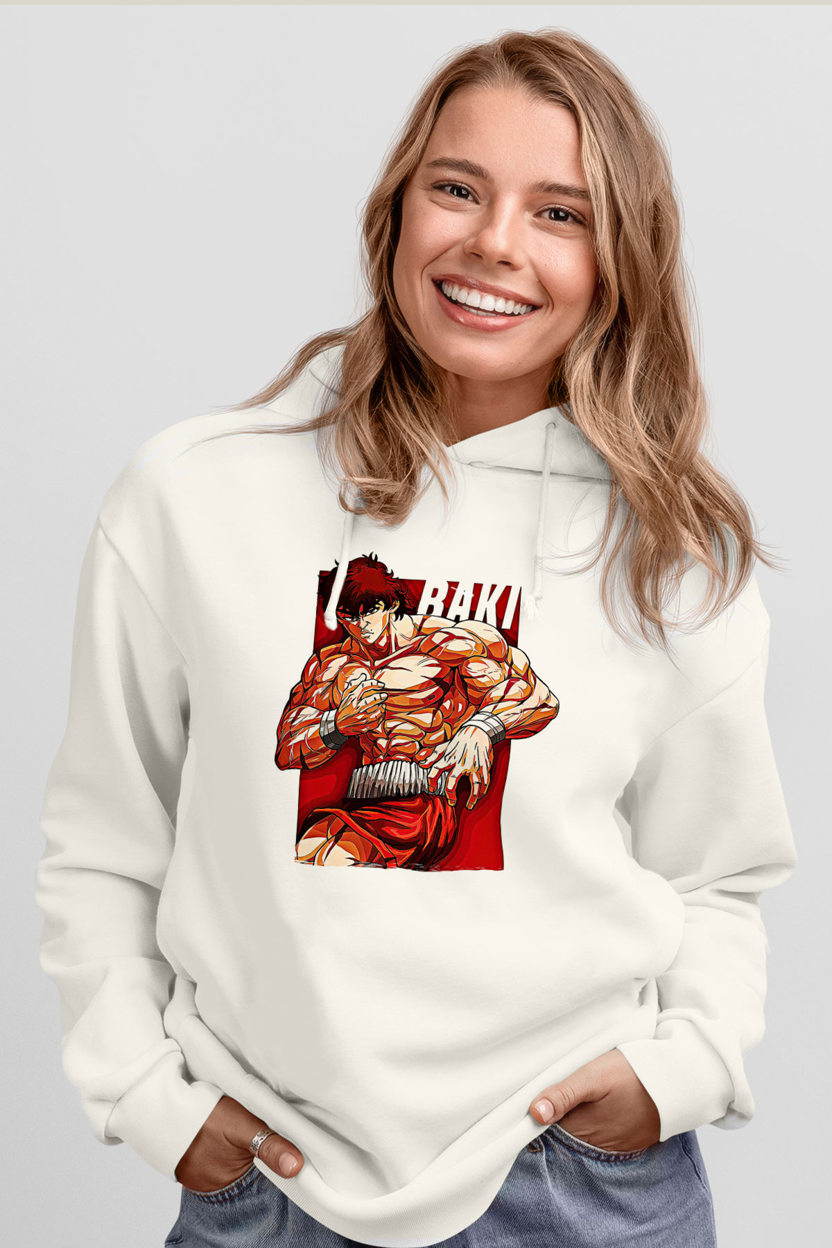 Baki The Grappler Baskılı Beyaz Unisex Hoodie