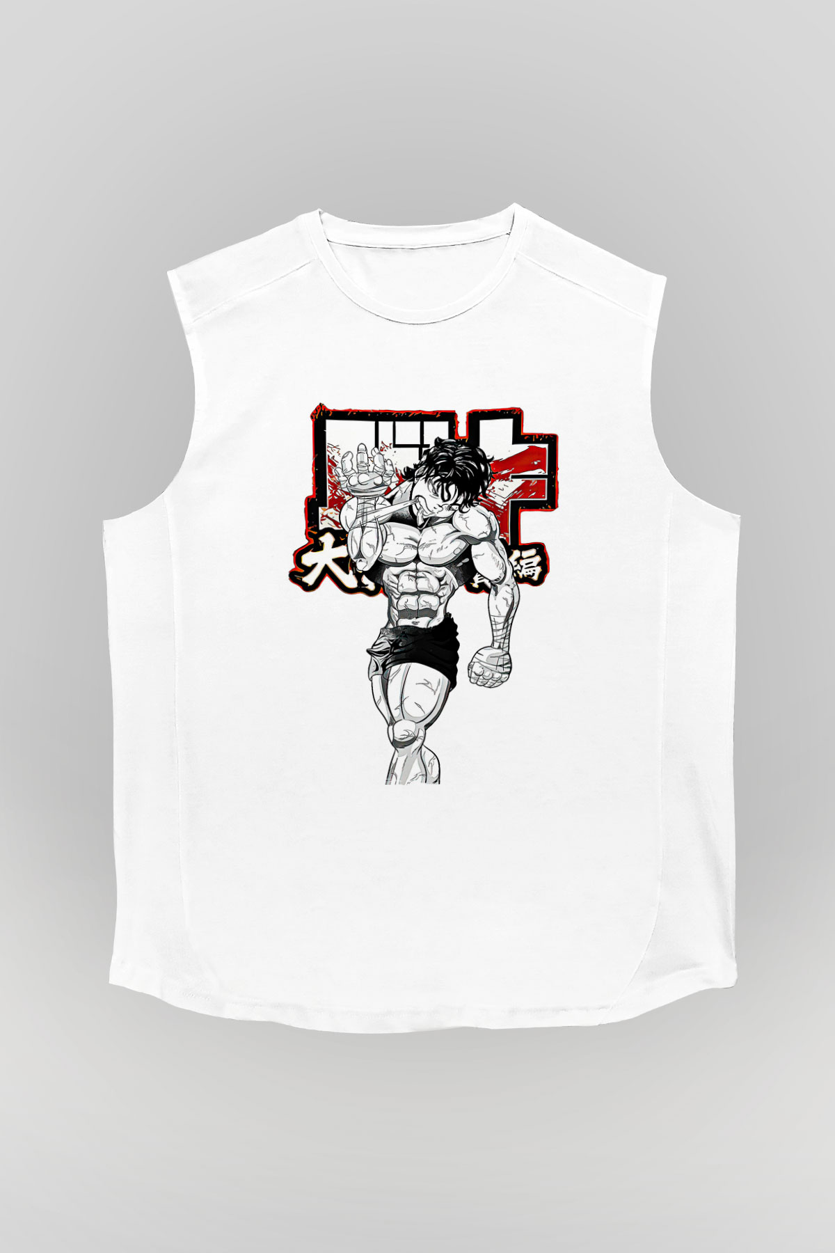 Baki The Grappler Baskılı Beyaz Unisex Kolsuz Tişört - Tshirt
