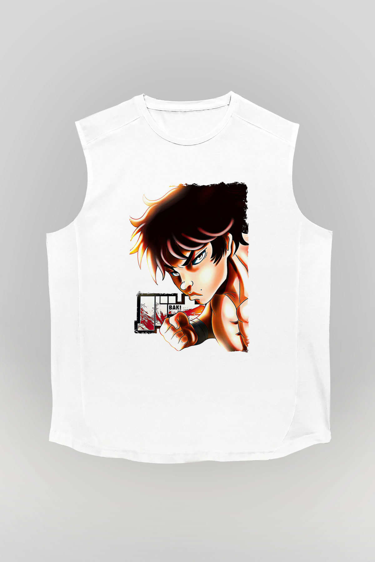 Baki The Grappler Baskılı Beyaz Unisex Kolsuz Tişört - Tshirt