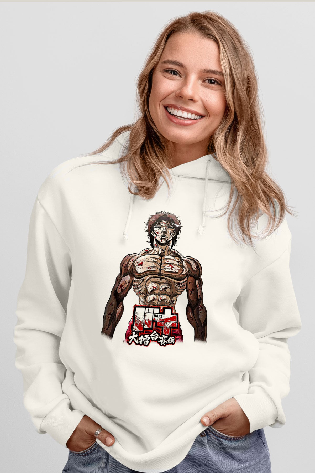 Baki The Grappler Baskılı Beyaz Unisex Hoodie