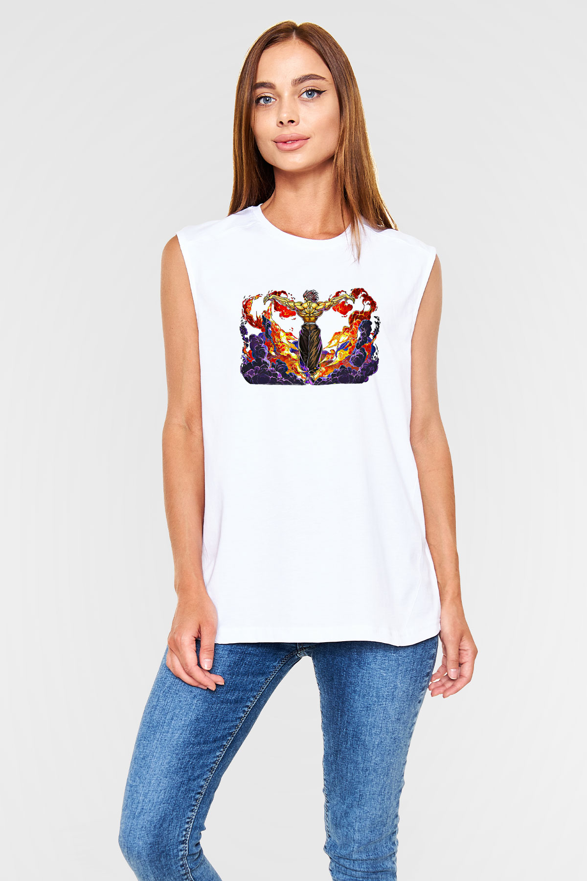 Baki The Grappler Baskılı Beyaz Unisex Kolsuz Tişört - Tshirt