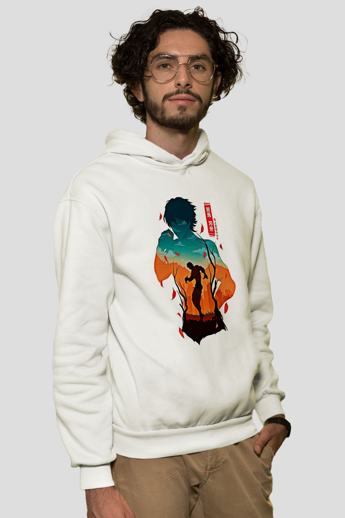 Baki The Grappler Baskılı Beyaz Unisex Hoodie