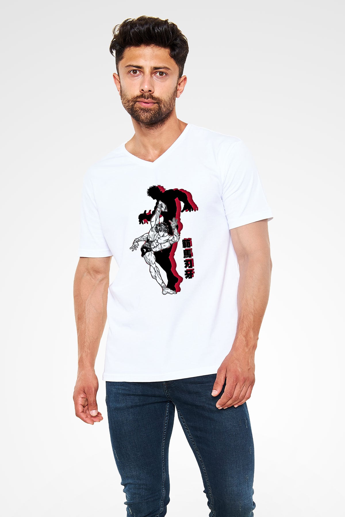 Baki The Grappler Baskılı Beyaz Unisex V Yaka Tişört - Tshirt