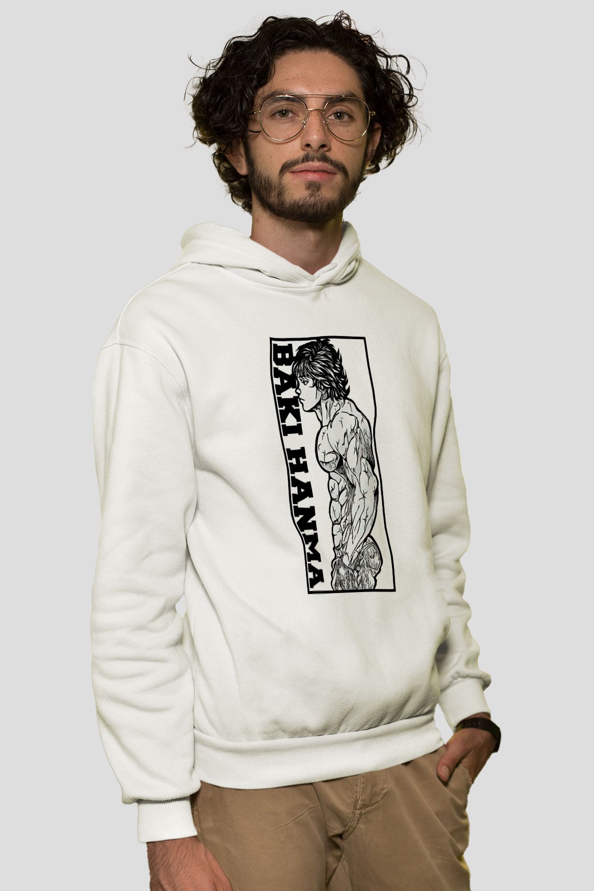 Baki The Grappler Baskılı Beyaz Unisex Hoodie
