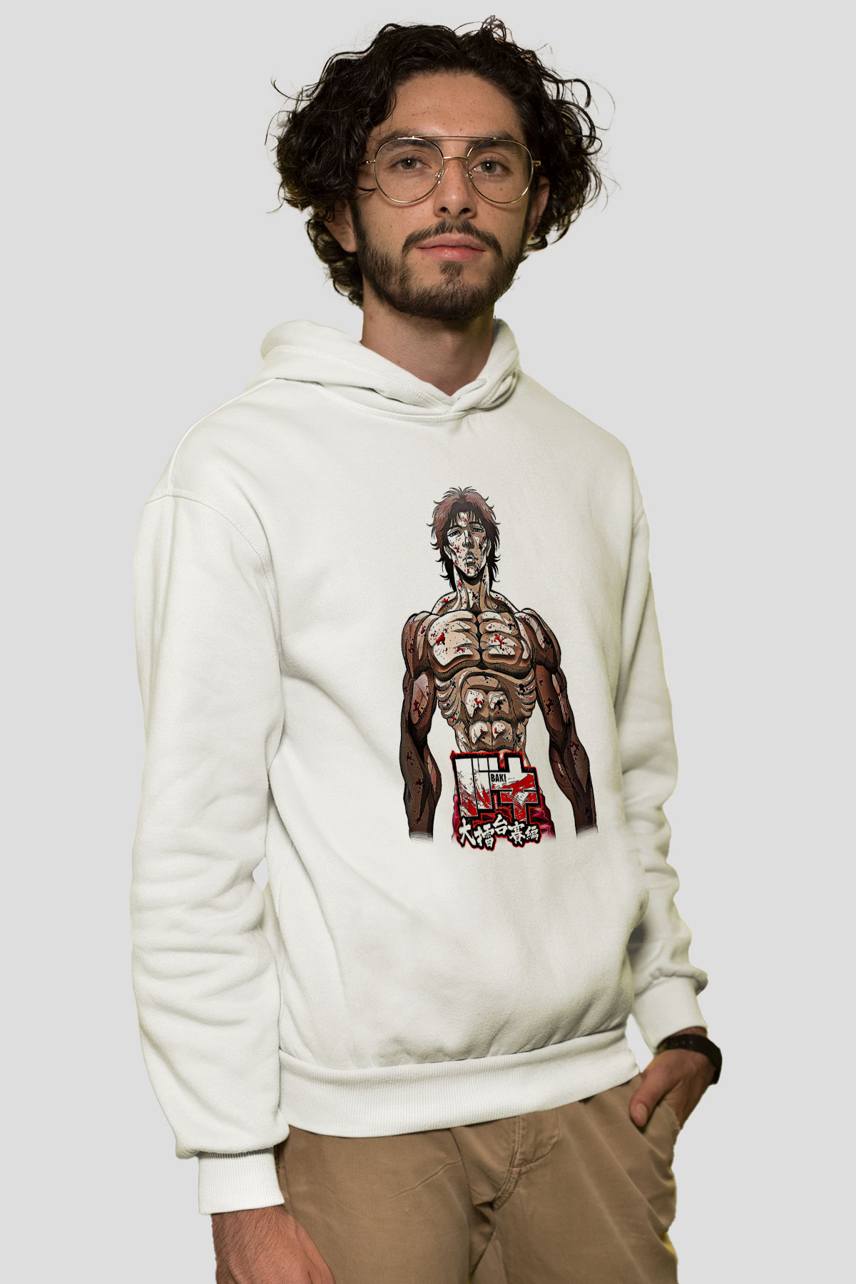 Baki The Grappler Baskılı Beyaz Unisex Hoodie