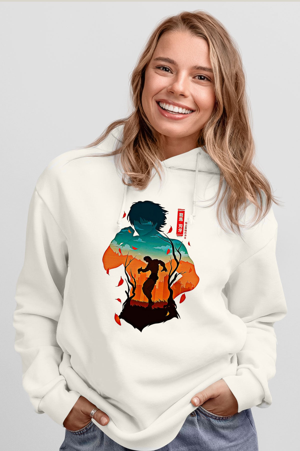 Baki The Grappler Baskılı Beyaz Unisex Hoodie