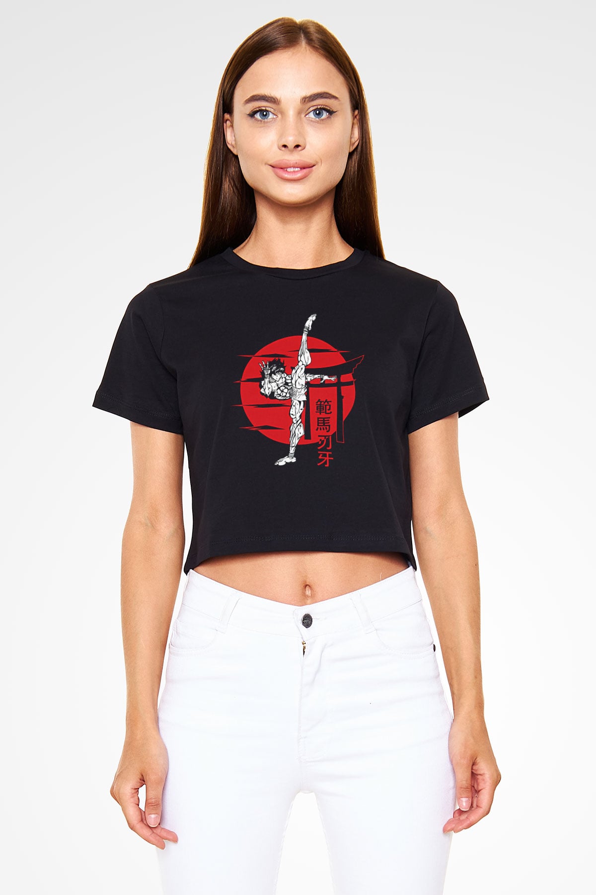 Baki The Grappler Baskılı Siyah Crop Top Kadın Tişört - Tshirt