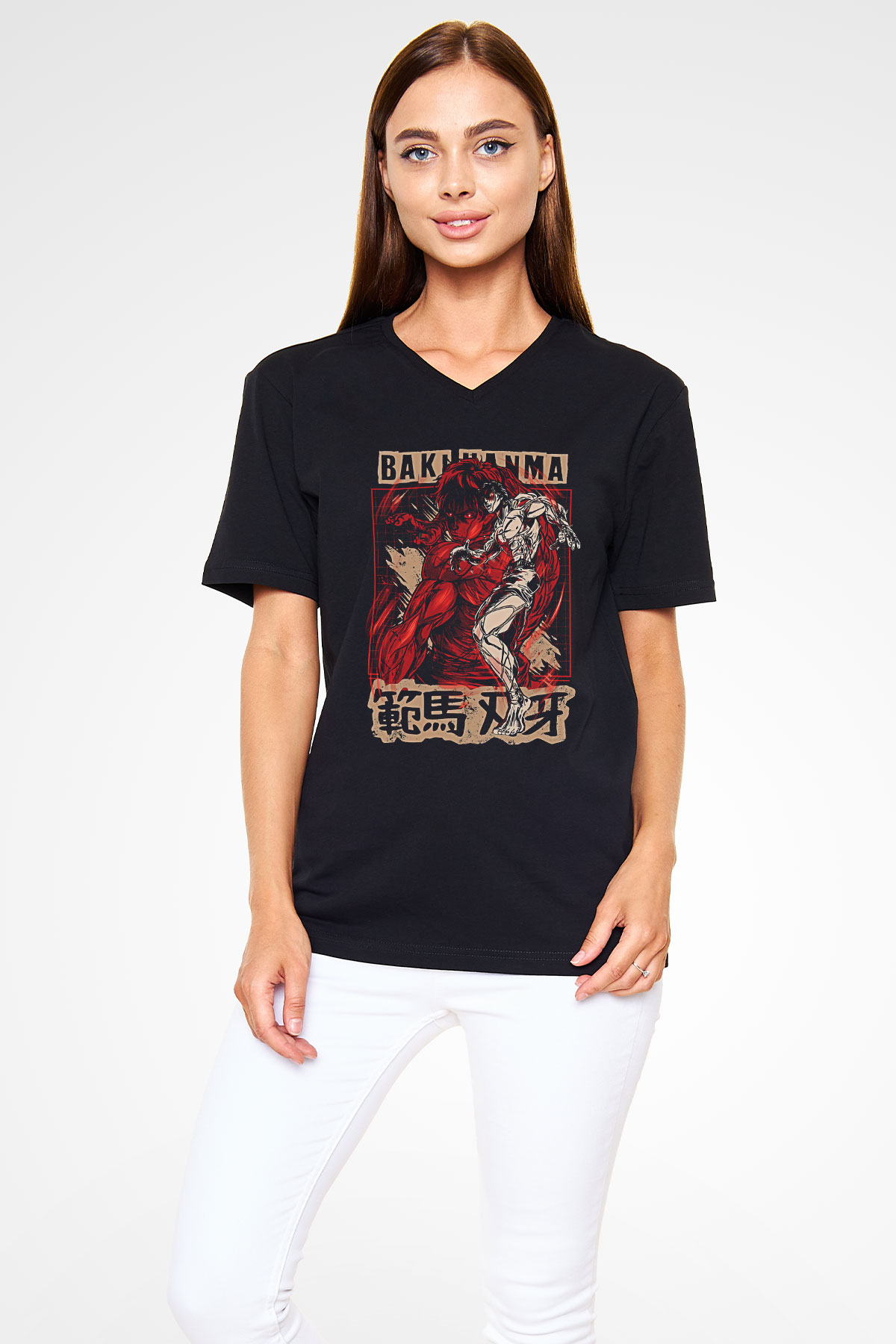 Baki The Grappler Baskılı Unisex Siyah V Yaka Tişört - Tshirt