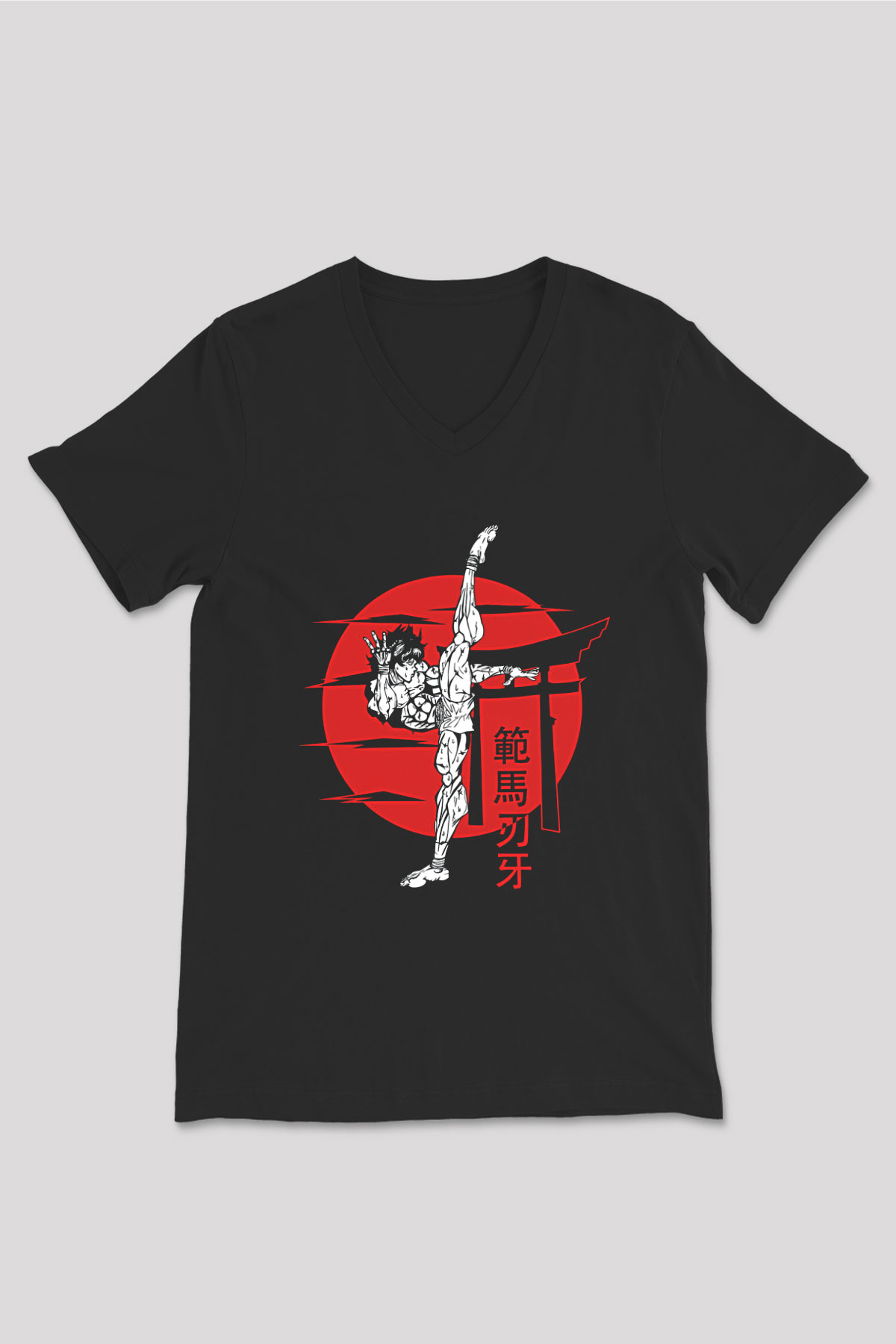 Baki The Grappler Baskılı Unisex Siyah V Yaka Tişört - Tshirt