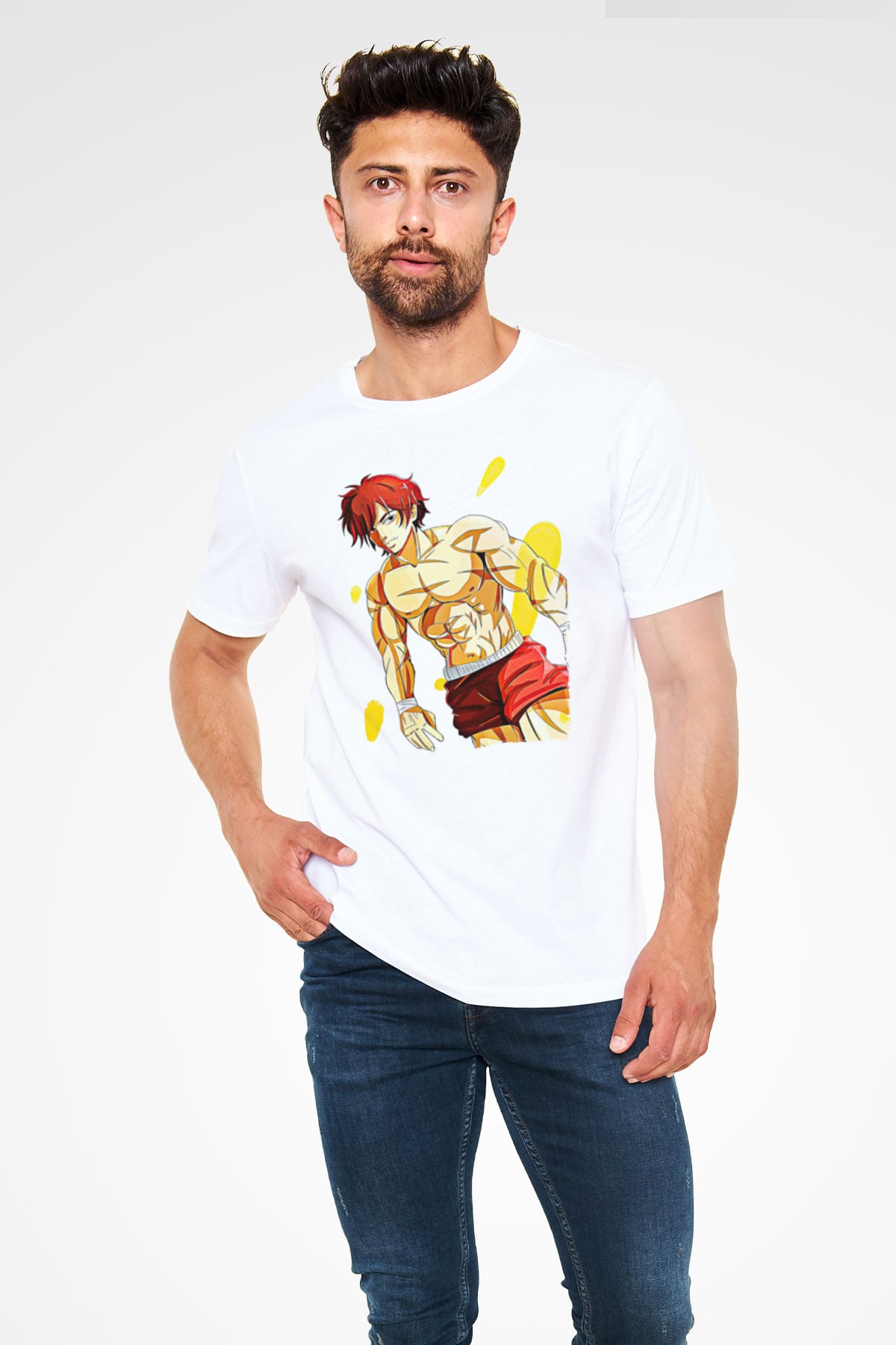Baki The Grappler Unisex Baskılı Beyaz Tişört - Tshirt