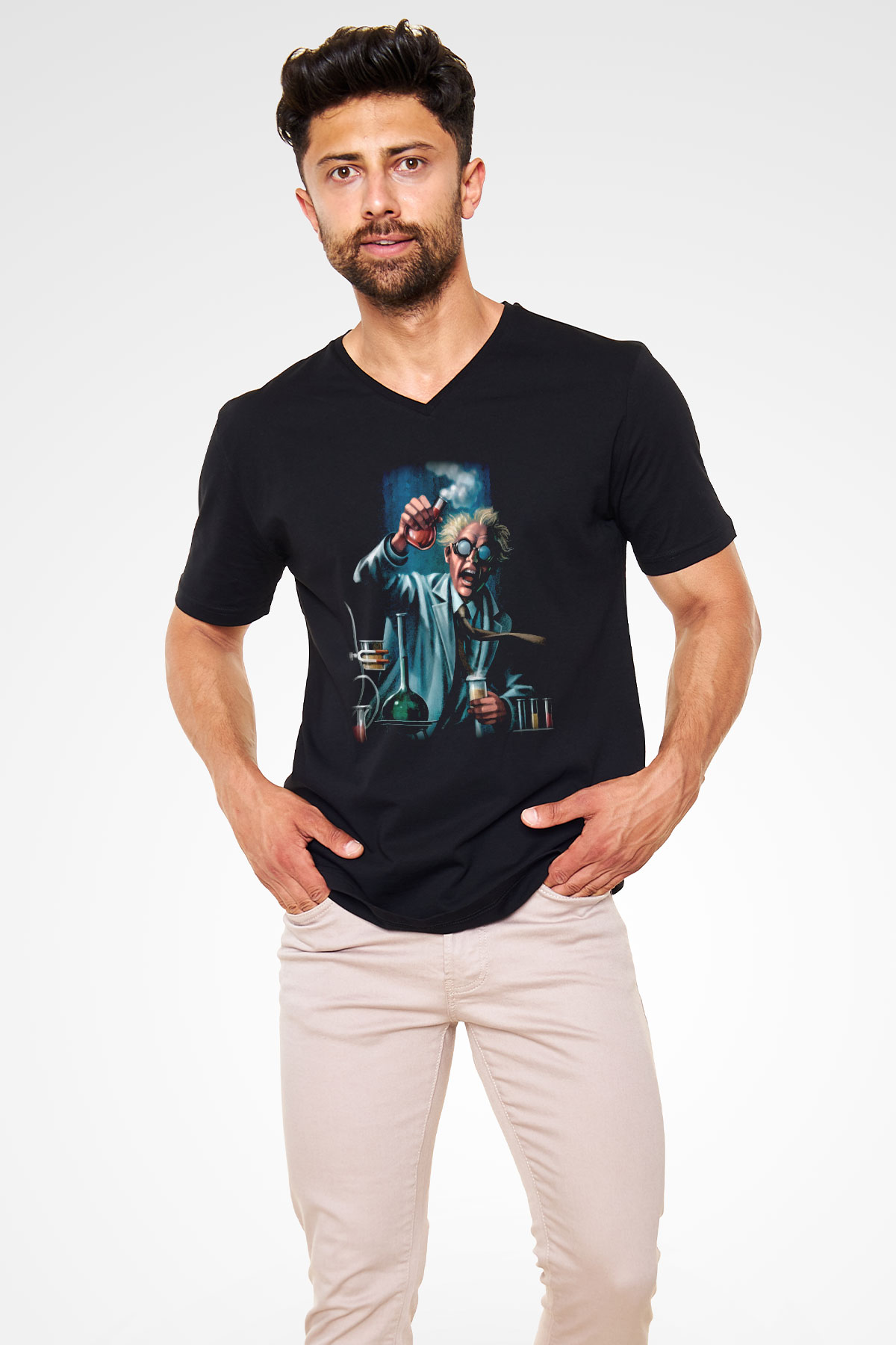 Bakteriyolog Siyah Unisex V Yaka Tişört T-Shirt