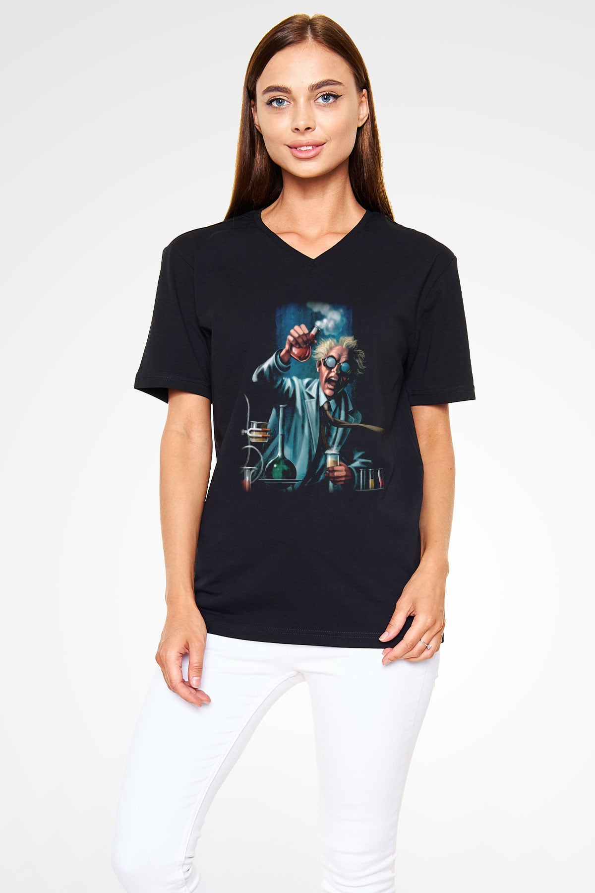 Bakteriyolog Siyah Unisex V Yaka Tişört T-Shirt