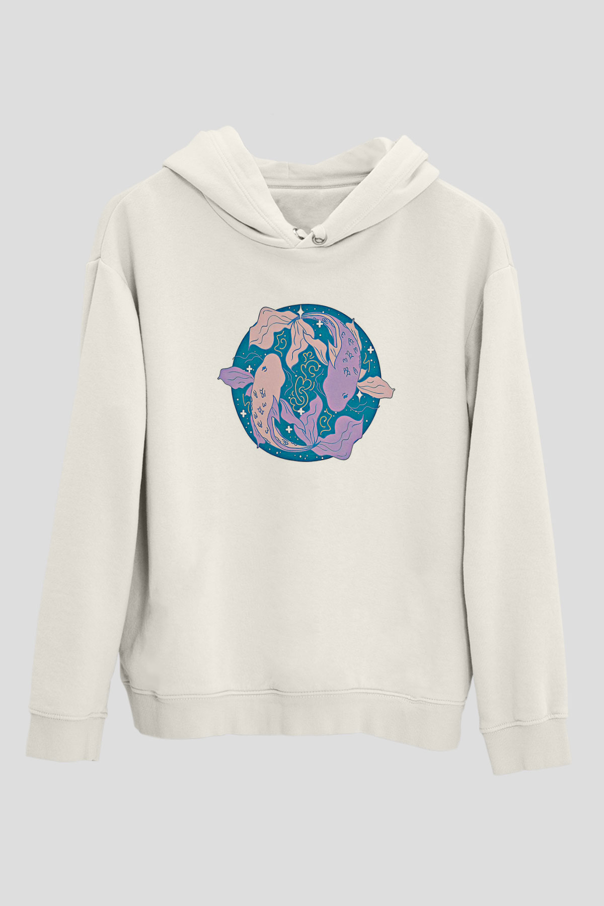 Balık Burcu Baskılı Beyaz Unisex Hoodie
