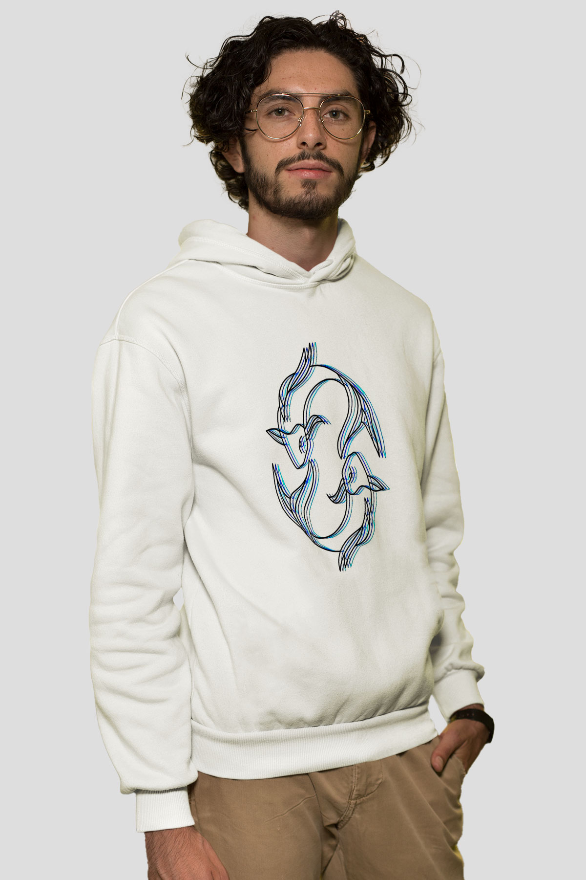 Balık Burcu Baskılı Beyaz Unisex Hoodie