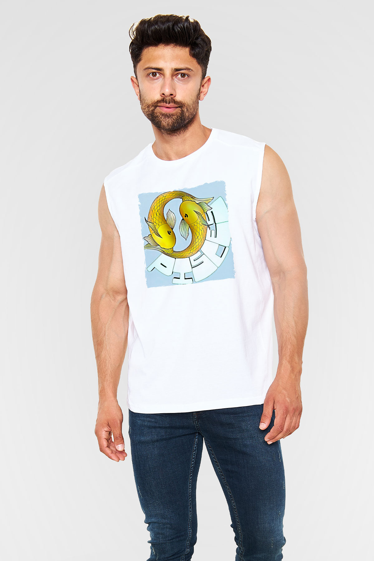 Balık Burcu Baskılı Beyaz Unisex Kolsuz Tişört - Tshirt