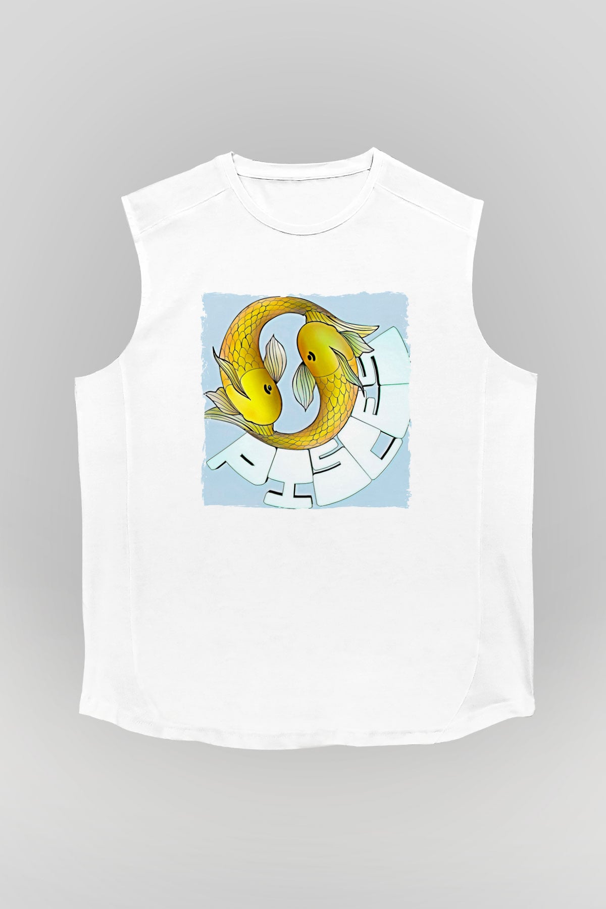 Balık Burcu Baskılı Beyaz Unisex Kolsuz Tişört - Tshirt