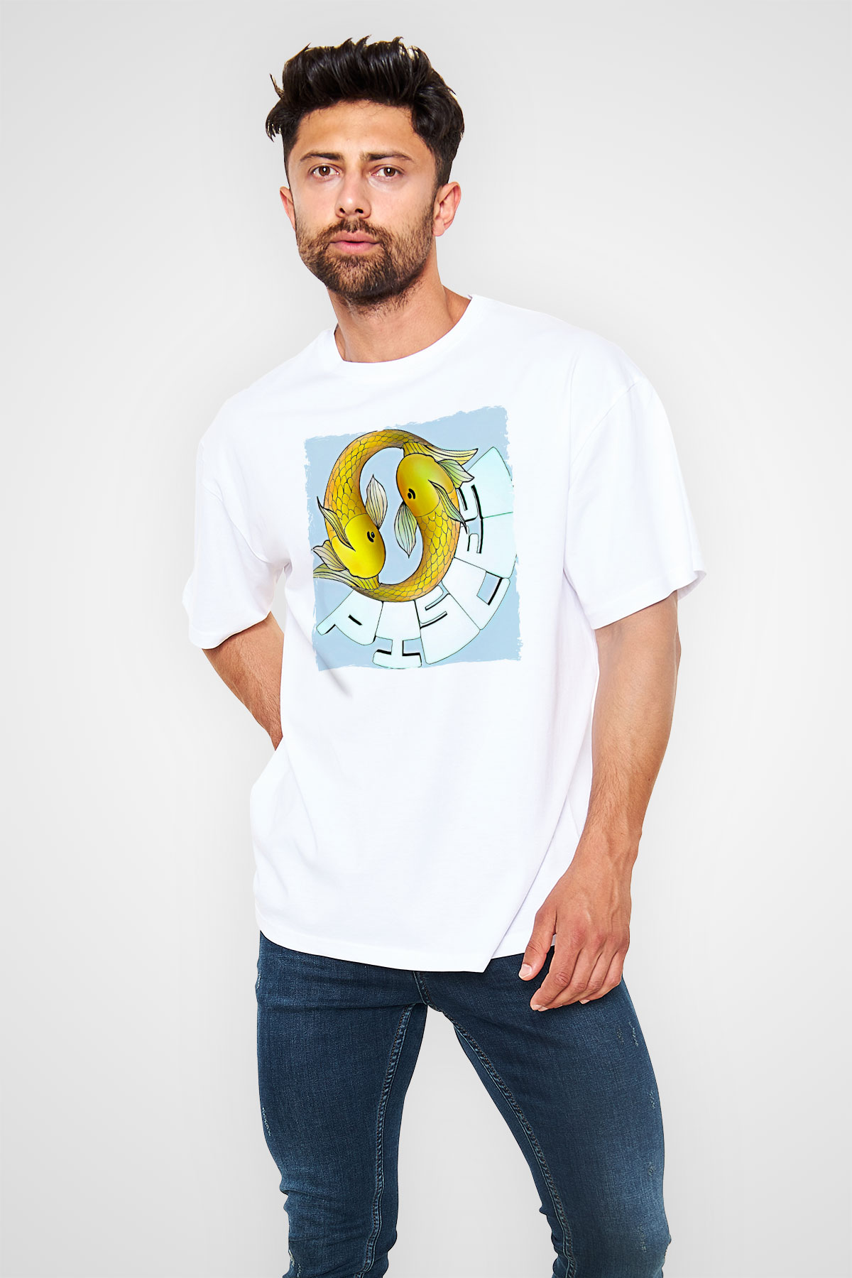 Balık Burcu Baskılı Beyaz Unisex Oversize Tişört - Tshirt