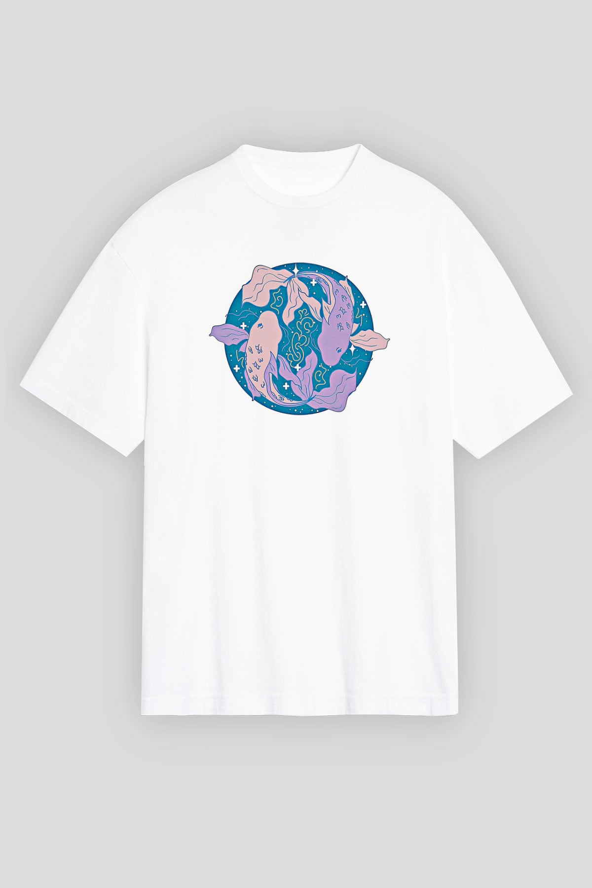 Balık Burcu Baskılı Beyaz Unisex Oversize Tişört - Tshirt