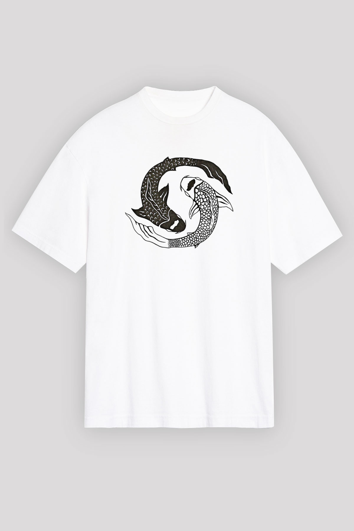 Balık Burcu Baskılı Beyaz Unisex Oversize Tişört - Tshirt