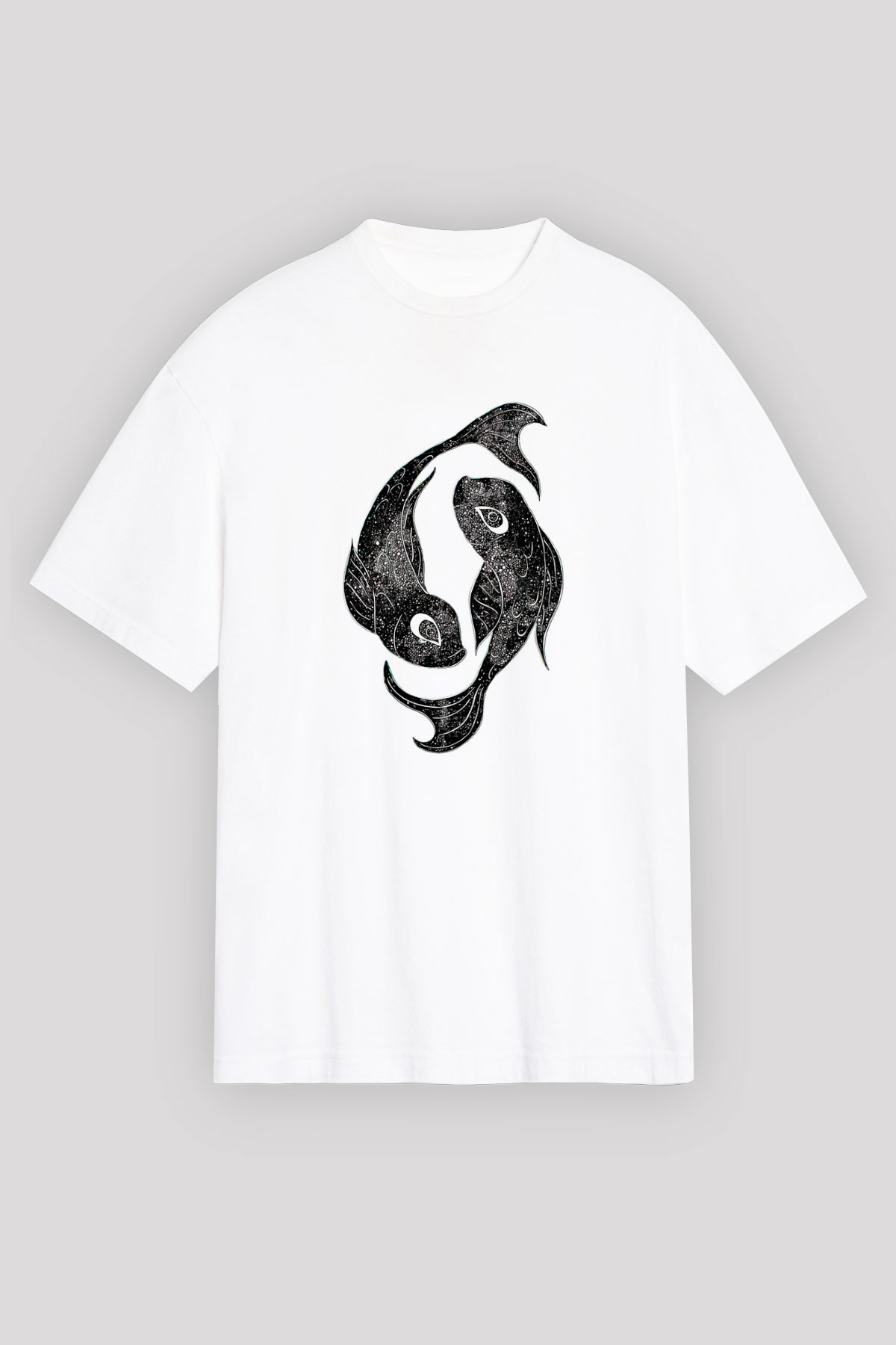 Balık Burcu Baskılı Beyaz Unisex Oversize Tişört - Tshirt