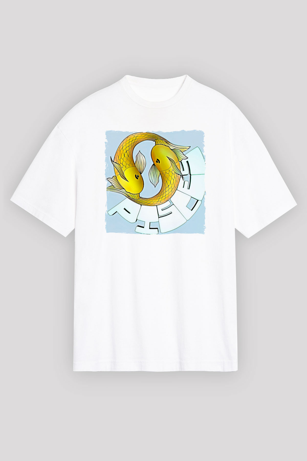 Balık Burcu Baskılı Beyaz Unisex Oversize Tişört - Tshirt