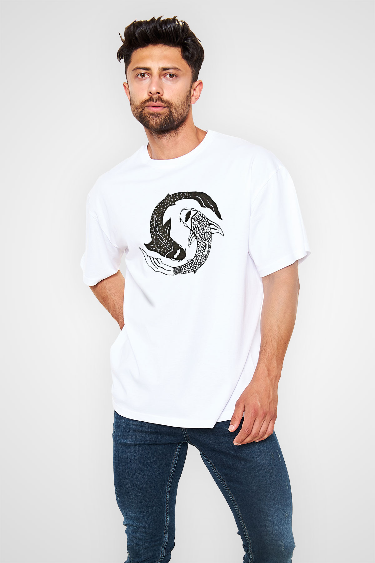Balık Burcu Baskılı Beyaz Unisex Oversize Tişört - Tshirt