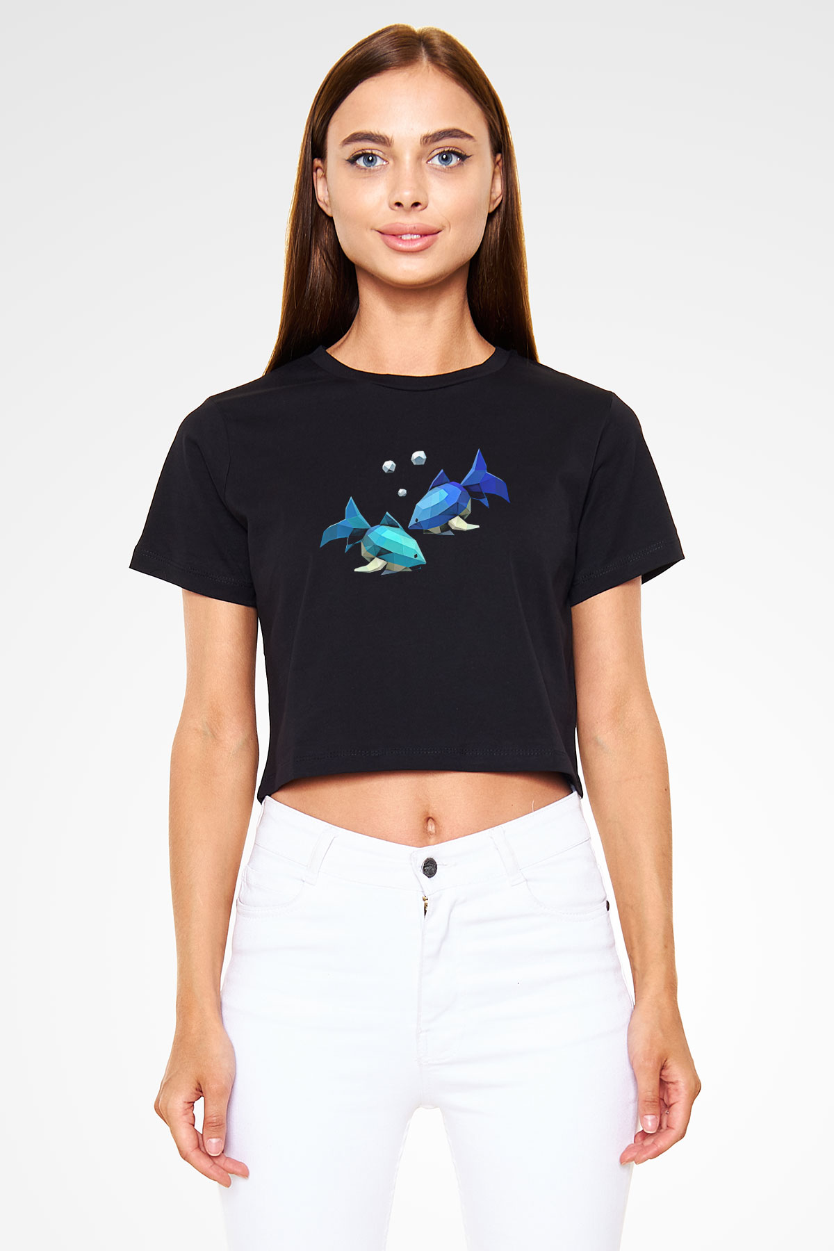 Balık Burcu Baskılı Siyah Crop Top Kadın Tişört - Tshirt
