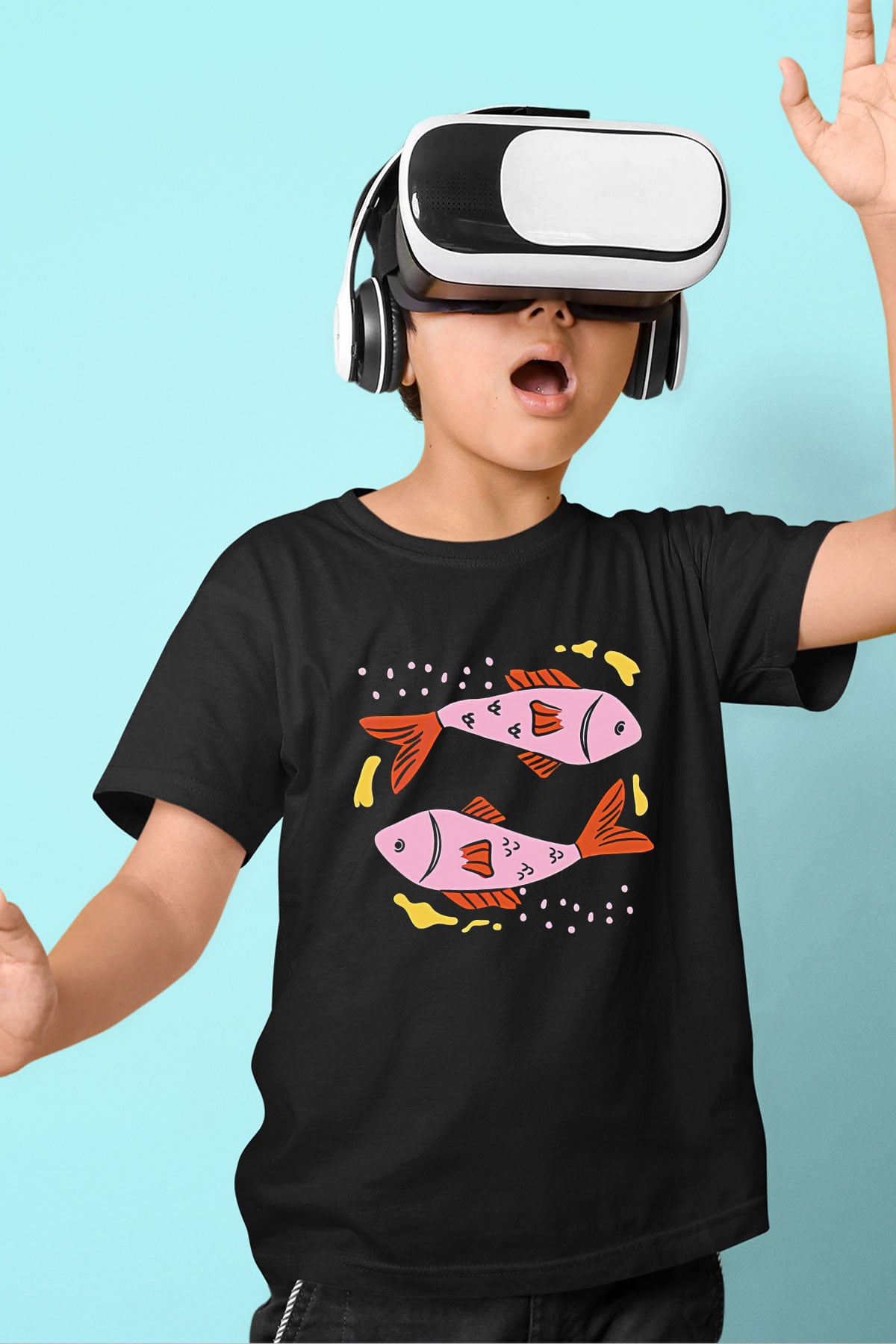 Balık Burcu Baskılı Unisex Siyah Çocuk Tişört - Tshirt