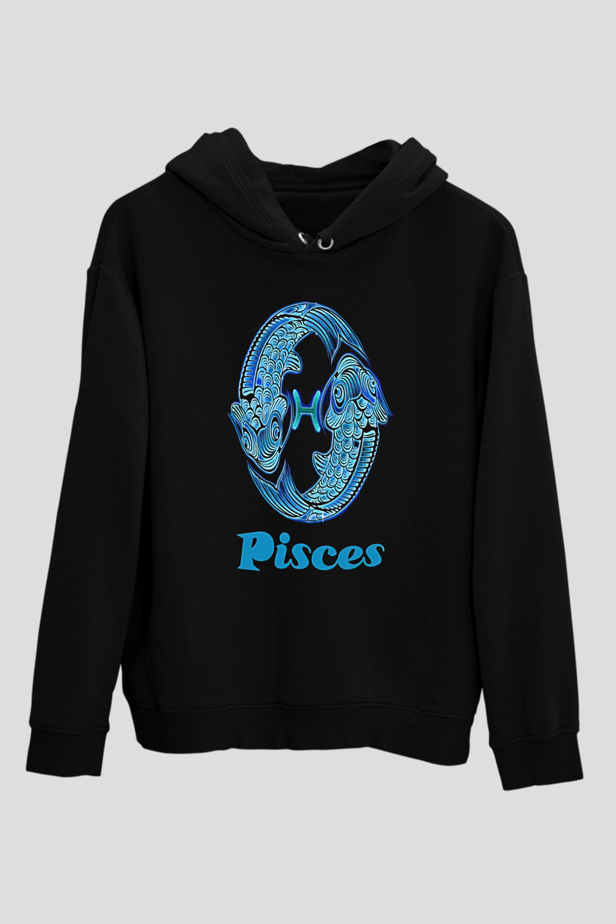 Balık Burcu Baskılı Unisex Siyah Hoodie