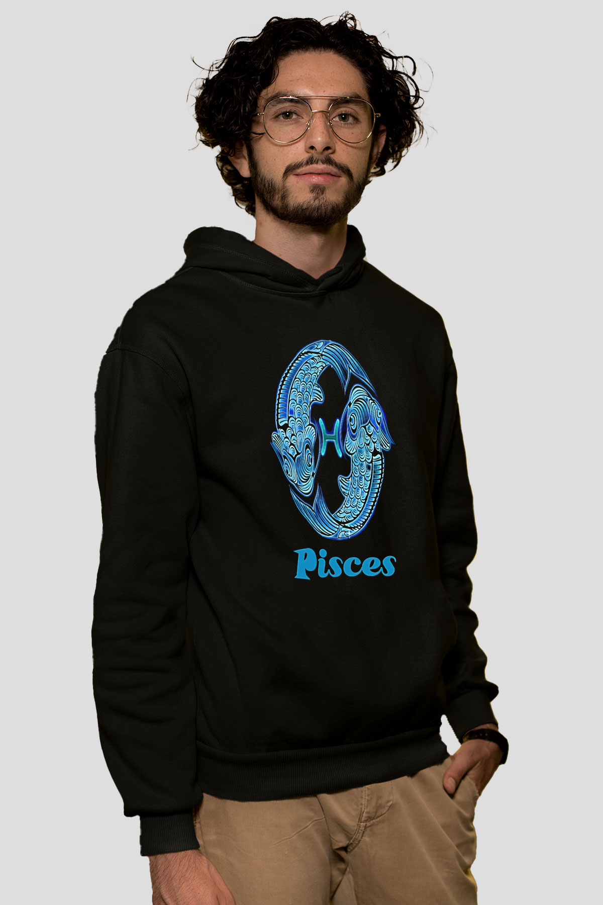 Balık Burcu Baskılı Unisex Siyah Hoodie