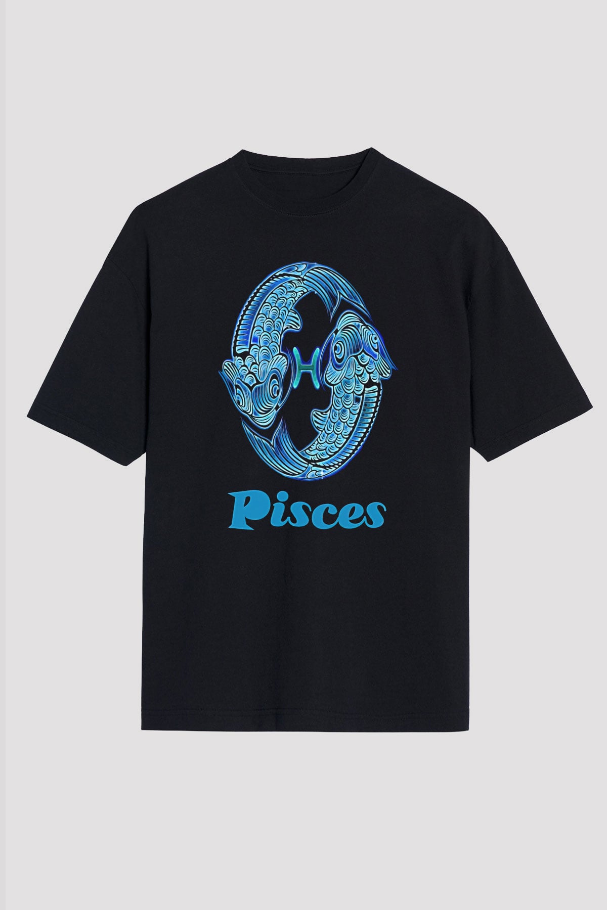 Balık Burcu Baskılı Unisex Siyah Oversize Tişört - Tshirt